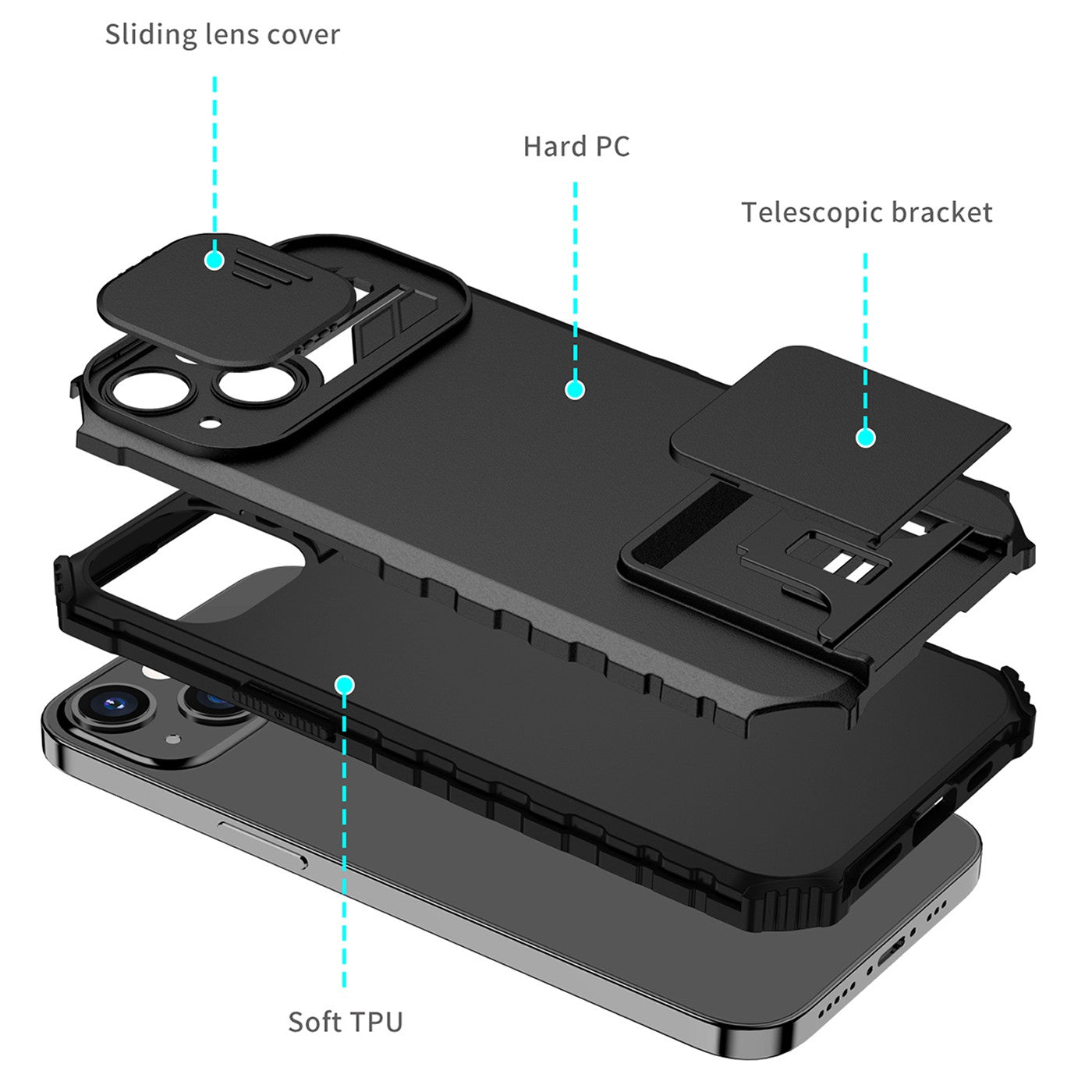 Husa Defender cu Stand pentru iPhone 13, Negru, Suport reglabil, Antisoc, Protectie glisanta pentru camera, Flippy-5