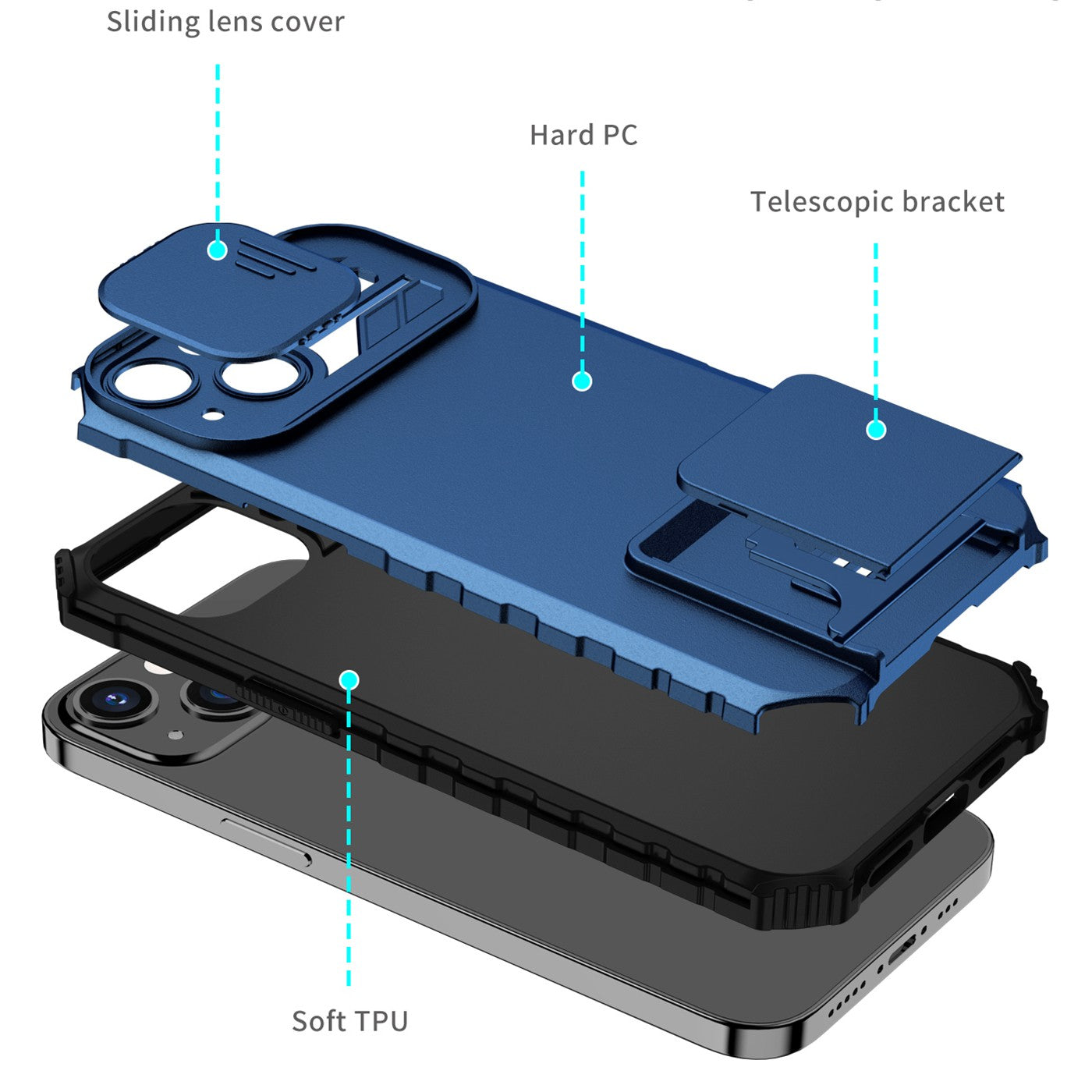 Husa Defender cu Stand pentru iPhone 13 Pro Max, Albastru, Suport reglabil, Antisoc, Protectie glisanta pentru camera, Flippy-3