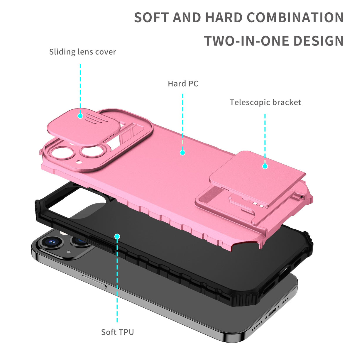 Husa Defender cu Stand pentru iPhone 13 Pro Max, Roz, Suport reglabil, Antisoc, Protectie glisanta pentru camera, Flippy-3