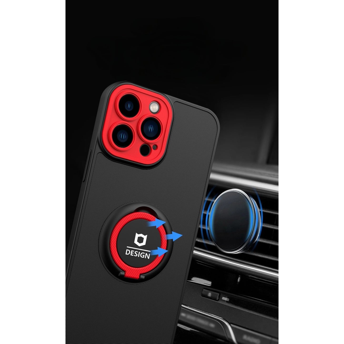 Husa de protectie Eagle eye pentru Apple iPhone 12, Rezistenta la socuri, Protectie camera, Cu inel de prindere magnetic rosu, Flippy, Negru-4