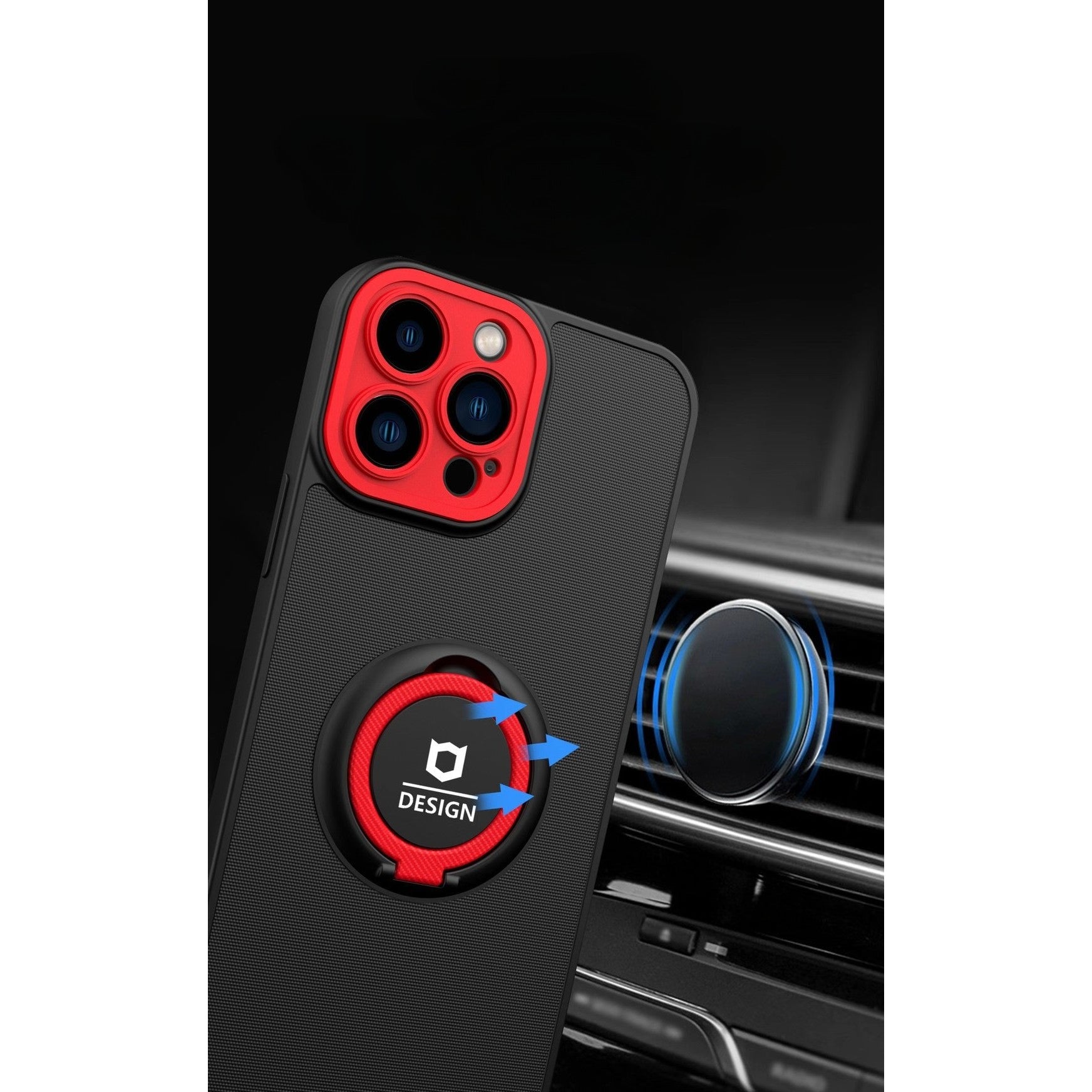 Husa de protectie Eagle eye pentru Apple iPhone 13, Rezistenta la socuri, Protectie camera, Cu inel de prindere magnetic rosu, Flippy, Negru-4