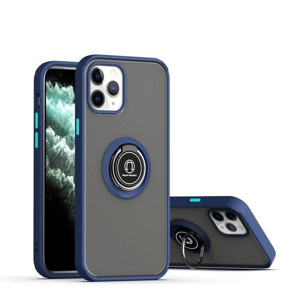 Husa Anti Fall Metal Bracket pentru Apple iPhone 14 Pro, Rezistenta la socuri, Margini colorate, Cu inel de prindere magnetic, Flippy, Albastru-1
