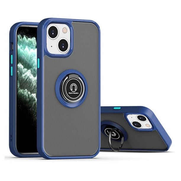 Husa Anti Fall Metal Bracket pentru Apple iPhone 14 Pro Max, Rezistenta la socuri, Margini colorate, Cu inel de prindere magnetic, Flippy, Albastru-0