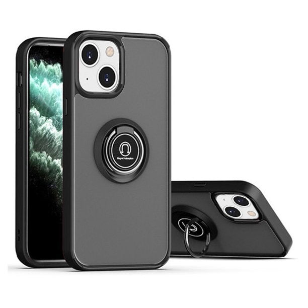 Husa Anti Fall Metal Bracket pentru Apple iPhone 14 Pro Max, Rezistenta la socuri, Margini colorate, Cu inel de prindere magnetic, Flippy, Negru-1