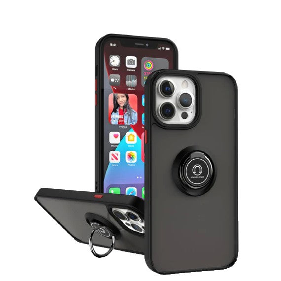 Husa Anti Fall Metal Bracket pentru Apple iPhone 14 Pro Max, Rezistenta la socuri, Margini colorate, Cu inel de prindere magnetic, Flippy, Negru-0