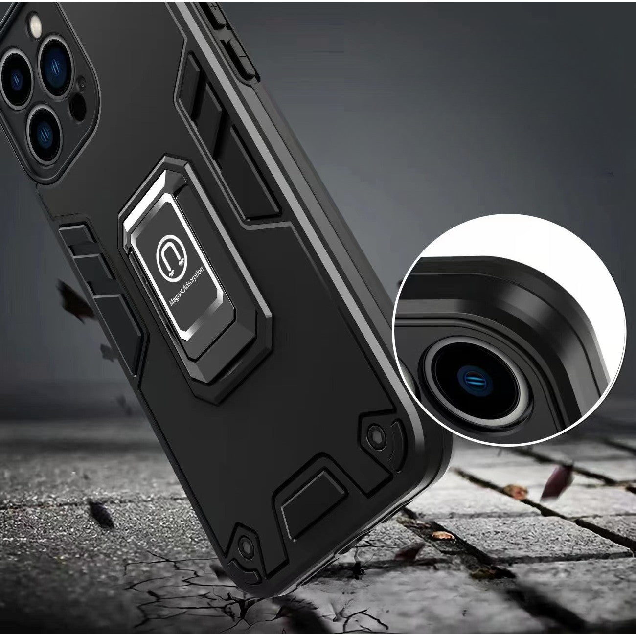 Husa Iron Warriors pentru iPhone 14, Flippy,  Hybrid Ring Holder Kickstand, Negru-1