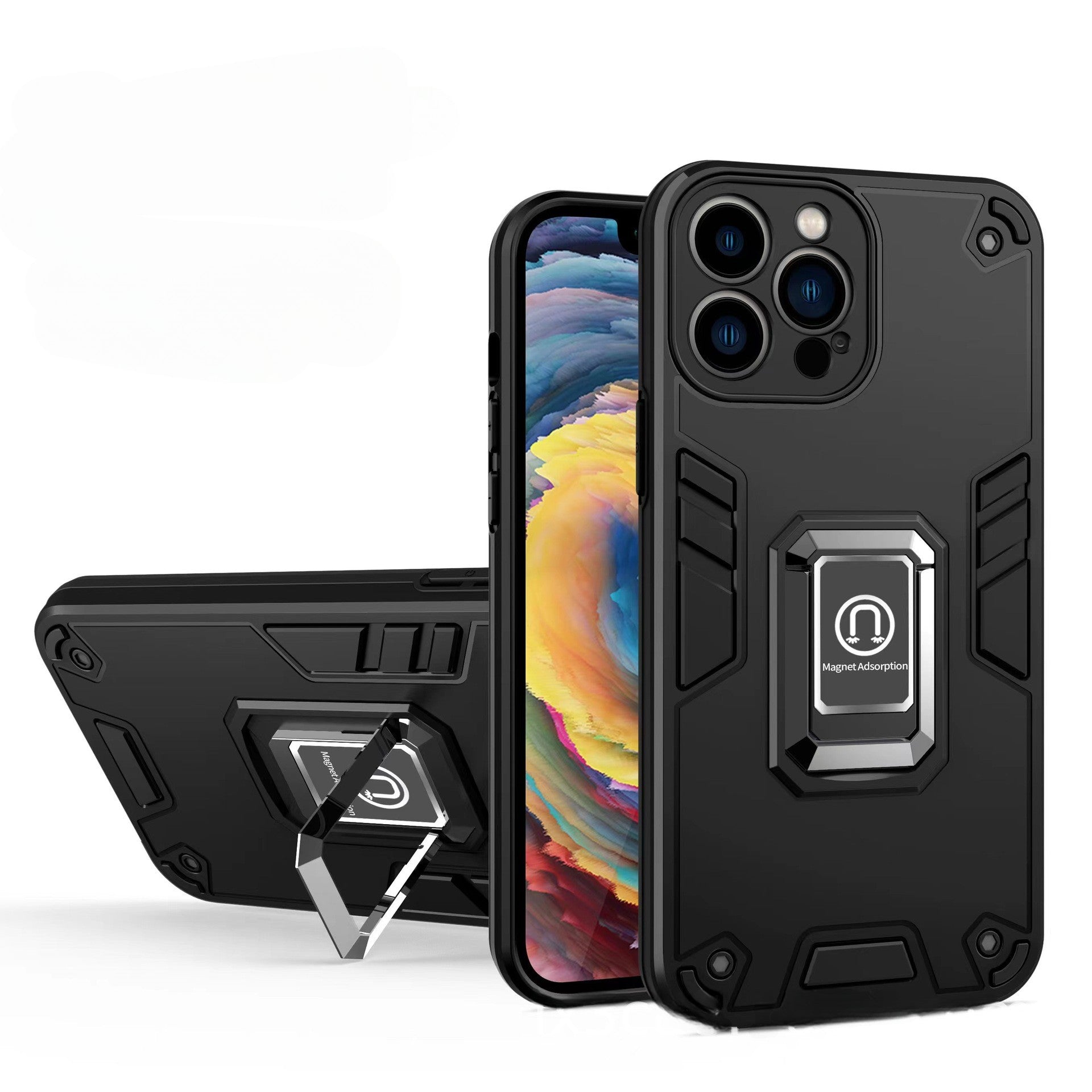 Husa Iron Warriors pentru iPhone 14, Flippy,  Hybrid Ring Holder Kickstand, Negru-3