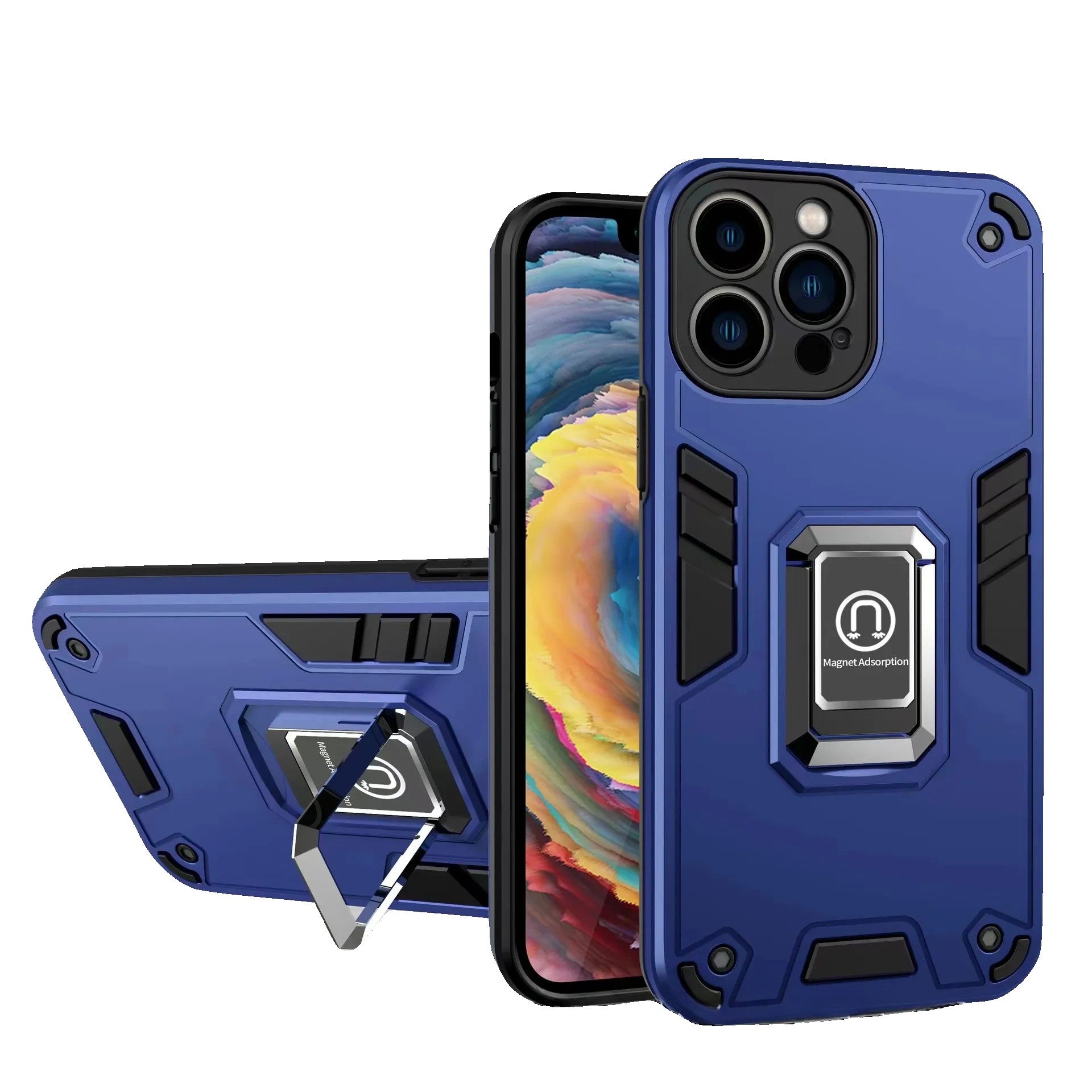 Husa Iron Warriors pentru iPhone 12, Flippy,  Hybrid Ring Holder Kickstand, Albastru inchis-0
