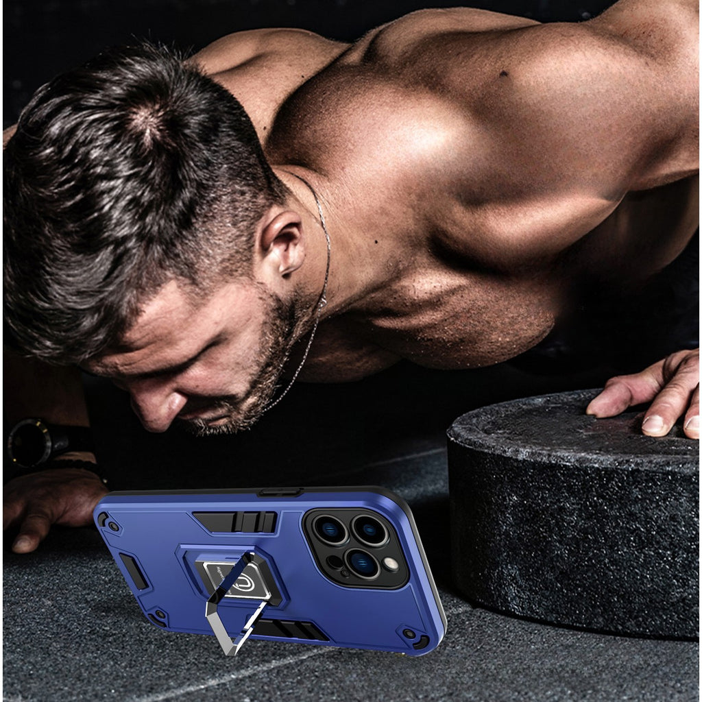 Husa Iron Warriors pentru iPhone 13 Pro, Flippy,  Hybrid Ring Holder Kickstand, Albastru inchis-3
