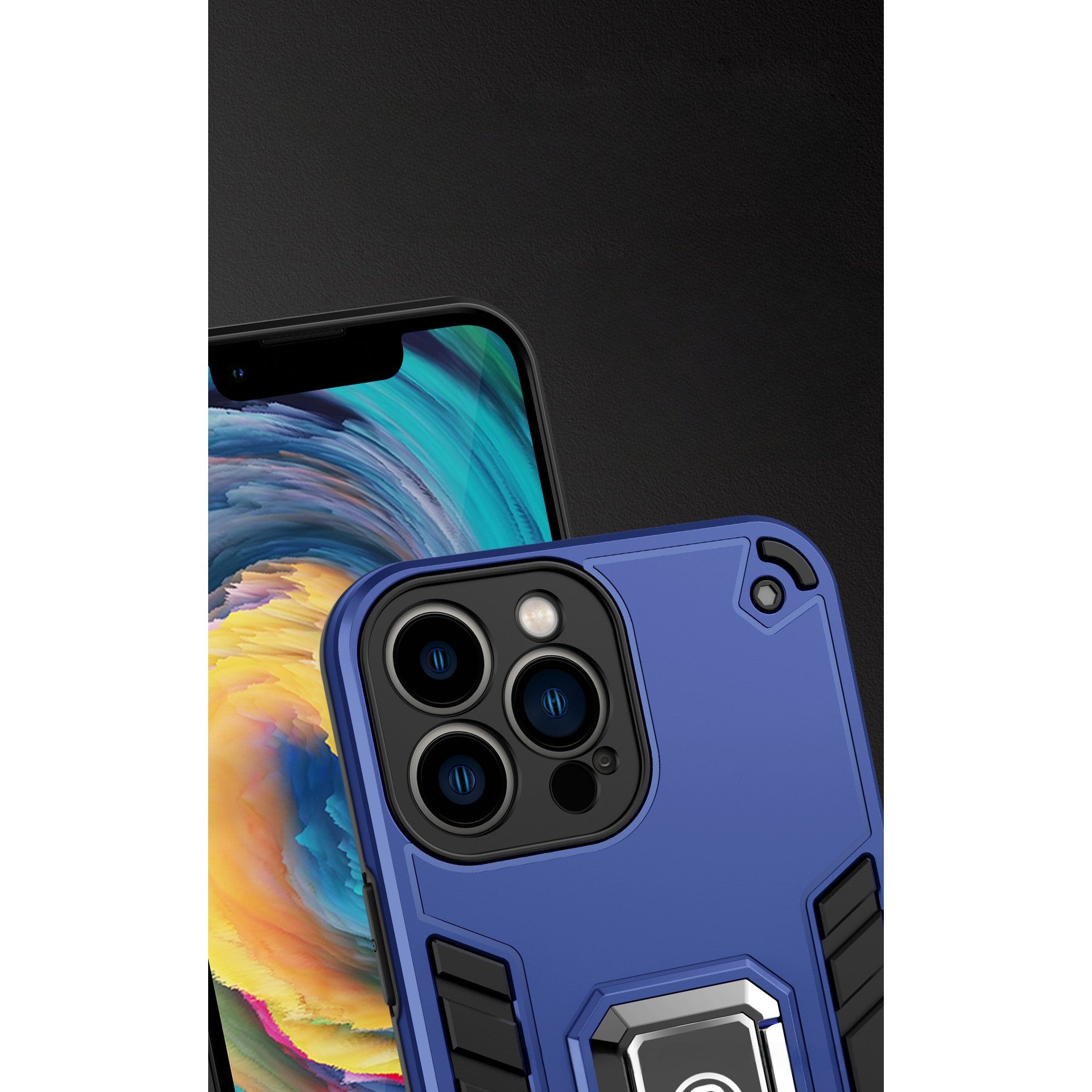 Husa Iron Warriors pentru iPhone 13 Pro, Flippy,  Hybrid Ring Holder Kickstand, Albastru inchis-5