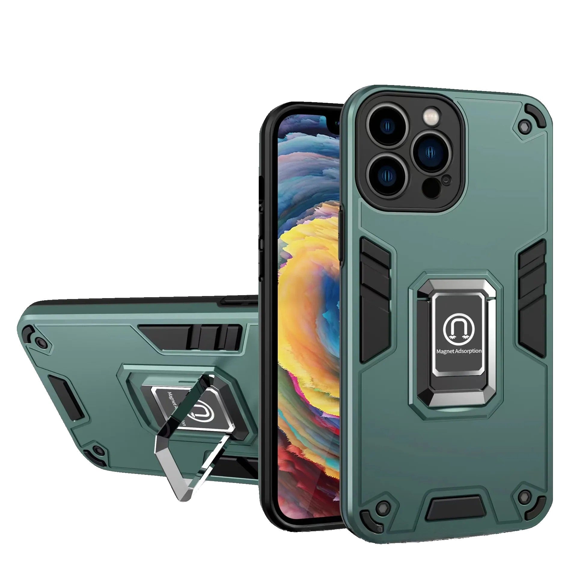 Husa Iron Warriors pentru iPhone 13 Pro, Flippy,  Hybrid Ring Holder Kickstand, Verde inchis-0