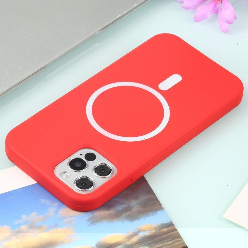 Husa MagSafe liquid large hole magnetic shell pentru Apple iPhone 13, Full Cover, Liquid Silicone, Magnetica, Incarcare Wireless, Flippy, Rosu-2