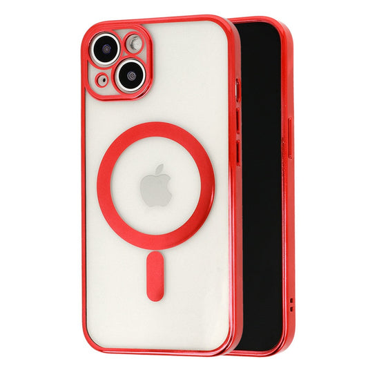 Husa MagSafe pentru Apple iPhone 14 Pro Max, Full Cover, Protectie camera, Margini colorate Electroplating, Magnetica, Incarcare Wireless, Flippy, Rosu-0
