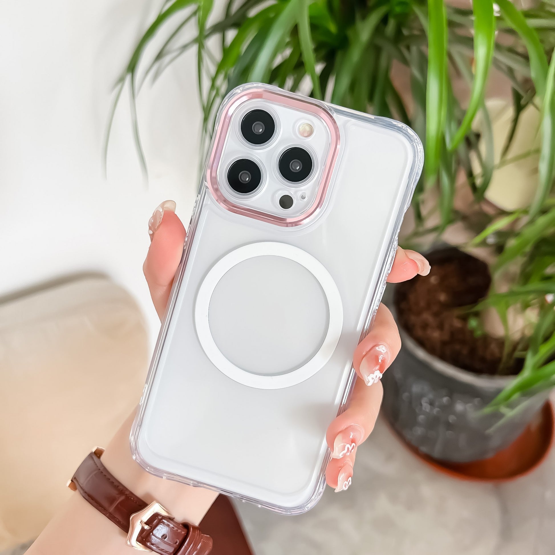 Husa MagSafe Silicone pentru iPhone 12 Pro, Flippy, Transparenta, Magnetica, Extra Protectie Camera Roz-1