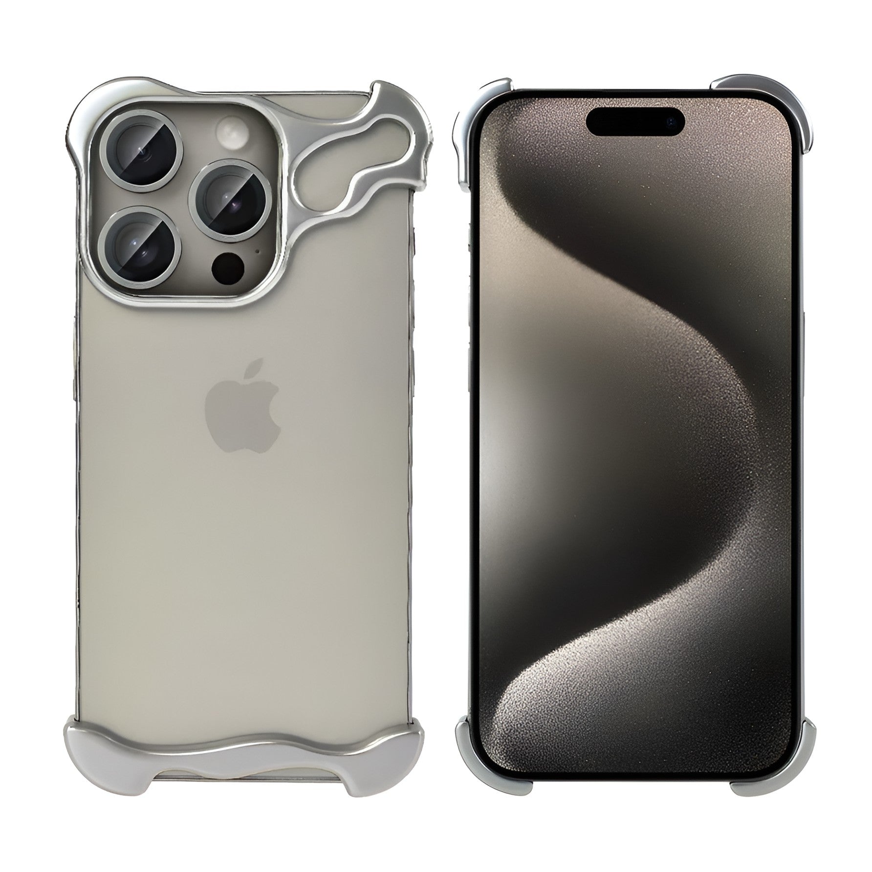 Husa Metalica Compatibila cu iPhone 15 Pro Max, Protectie pentru Colturile Telefonului si Camera, Lentile pentru Obiective, Aliaj, Antisoc, Antizgariere, Argintiu-2