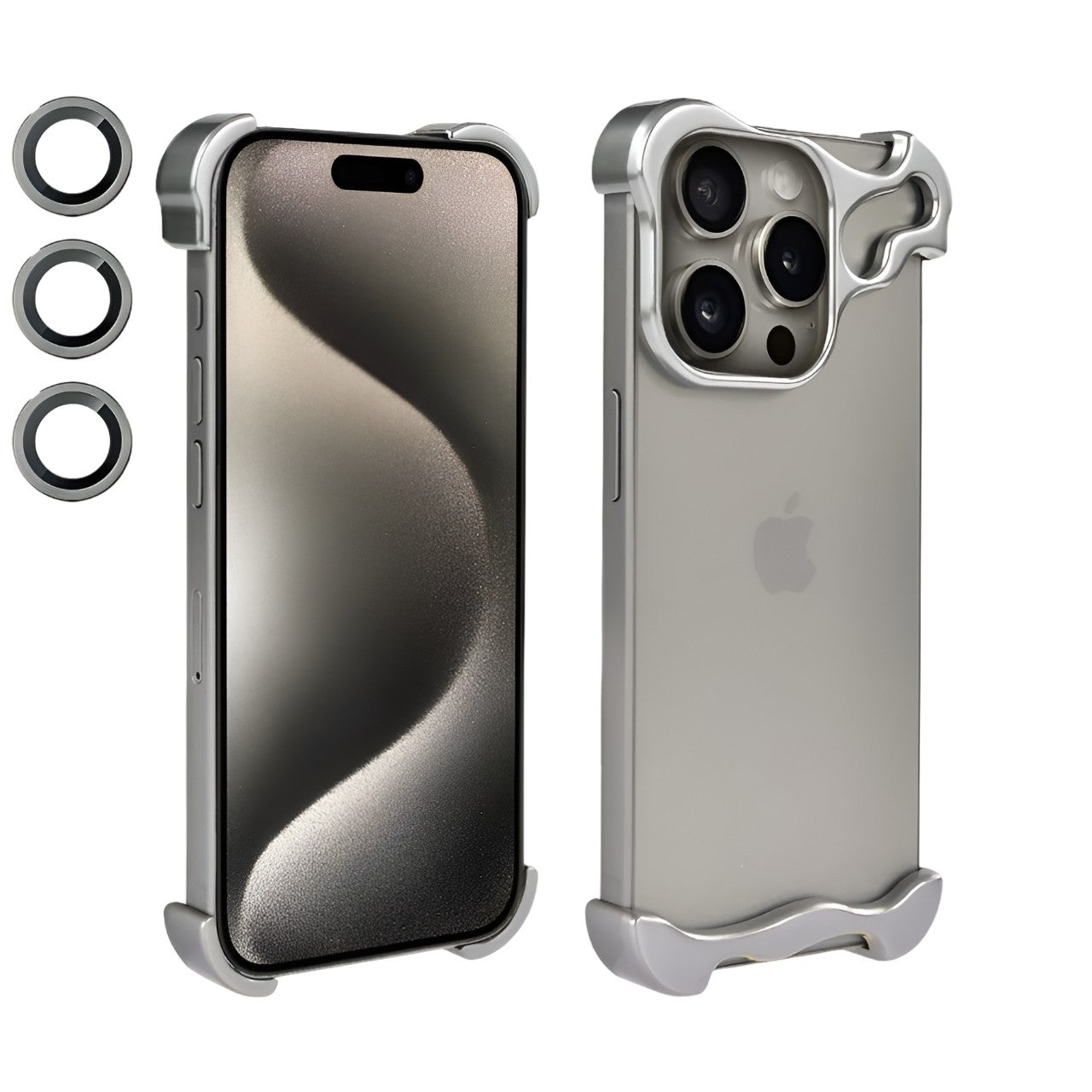Husa Metalica Compatibila cu iPhone 15 Pro Max, Protectie pentru Colturile Telefonului si Camera, Lentile pentru Obiective, Aliaj, Antisoc, Antizgariere, Argintiu-0