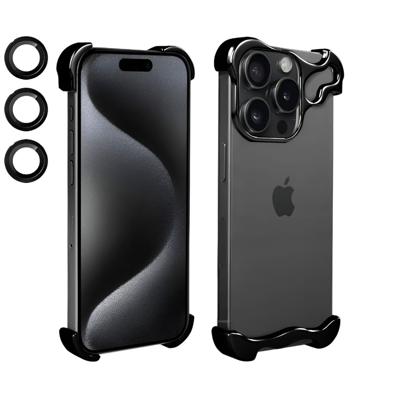 Husa Metalica Compatibila cu iPhone 15 Pro, Protectie pentru Colturile Telefonului si Camera, Lentile pentru Obiective, Aliaj, Antisoc, Antizgariere, Negru-0