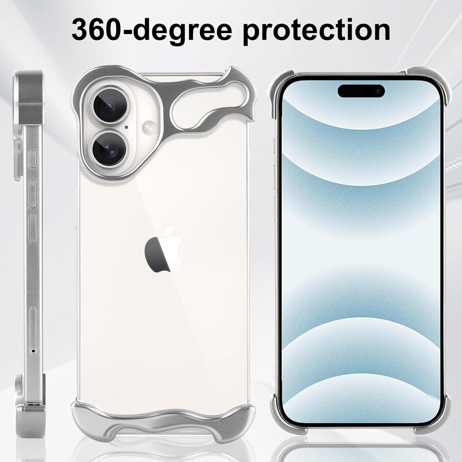 Husa Metalica Compatibila cu iPhone 16 Plus, Flippy, Protectie pentru Colturile Telefonului si Camera, Aliaj, Antisoc, Antizgariere, Argintiu-3