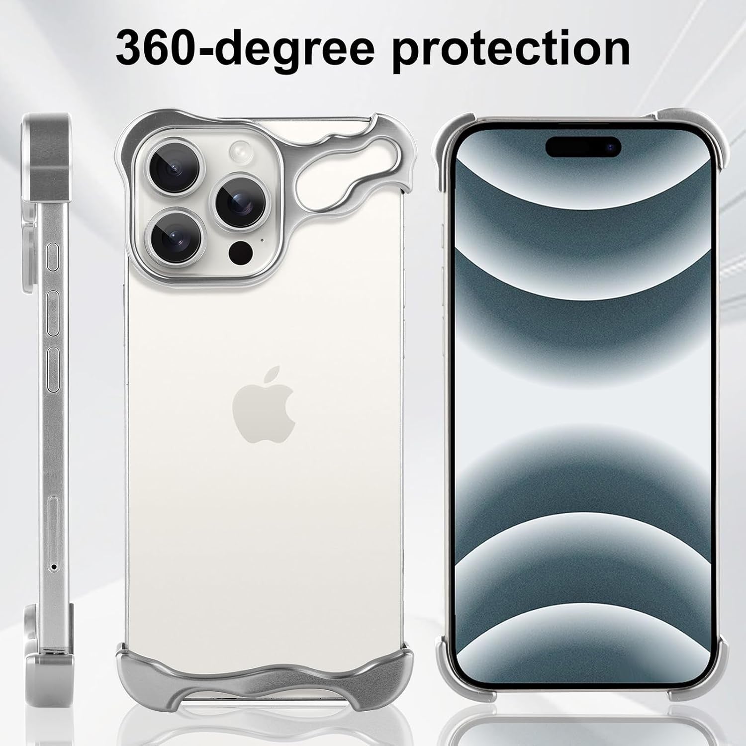 Husa Metalica Compatibila cu iPhone 16 Pro, Flippy, Protectie pentru Colturile Telefonului si Camera, Aliaj, Antisoc, Antizgariere, Argintiu-3