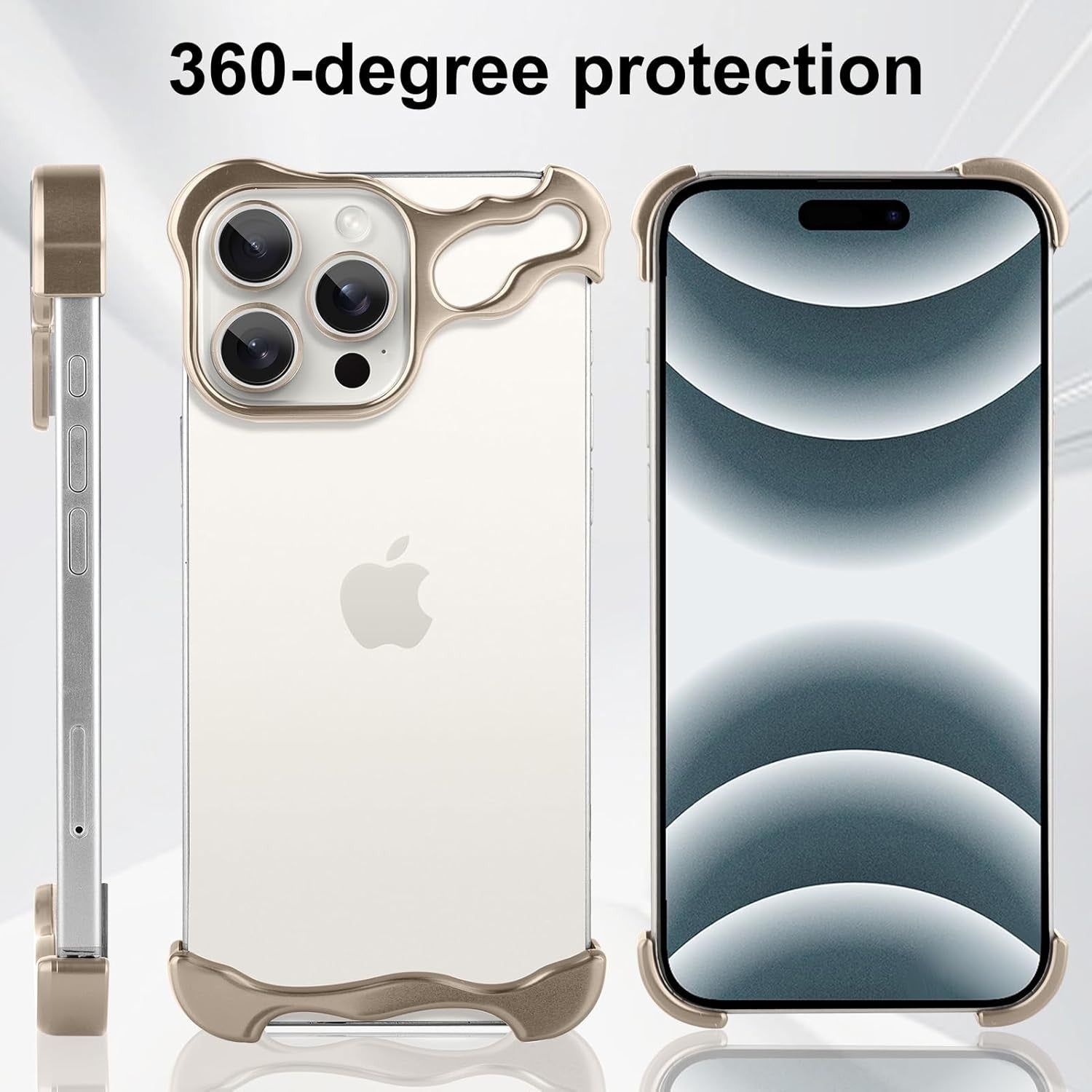 Husa Metalica Compatibila cu iPhone 16 Pro, Flippy, Protectie pentru Colturile Telefonului si Camera, Aliaj, Antisoc, Antizgariere, Auriu-3