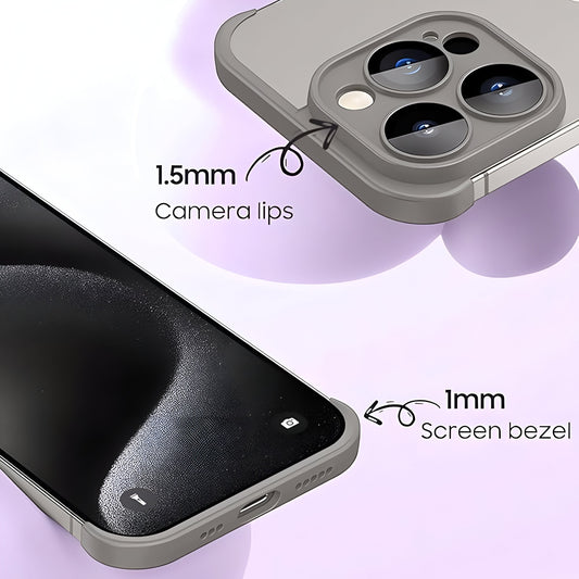 Husa Metalica Edgeless Compatibila cu iPhone 15, Flippy, Protectie pentru Colturi si Camera, Aliaj, Antisoc, Antizgariere, Gri Mat-1