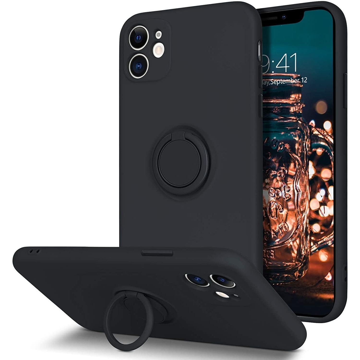 Husa protectie Flippy compatibila cu Apple iPhone 11 Liquid Silicone Ring cu suport rotativ Negru-0