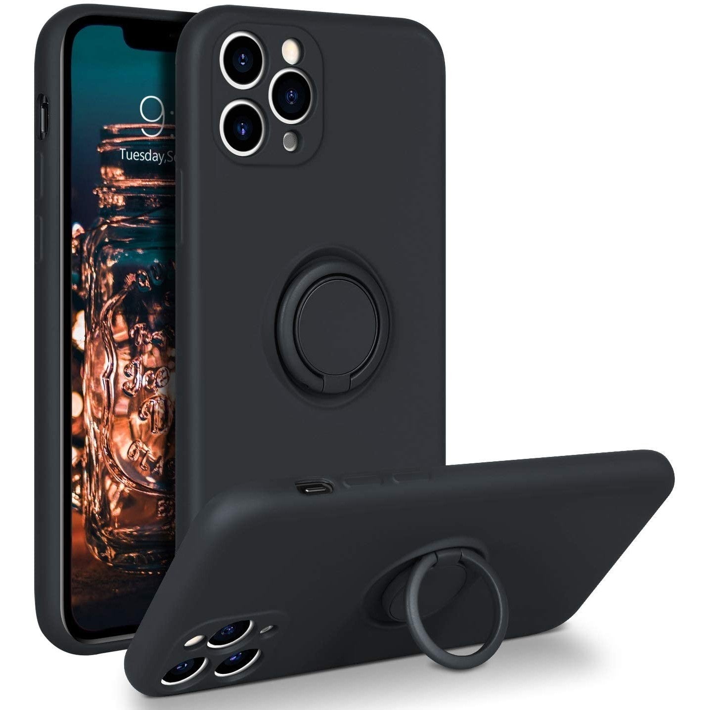Husa protectie Flippy compatibila cu Apple iPhone 11 Pro Liquid Silicone Ring cu suport rotativ Negru-0