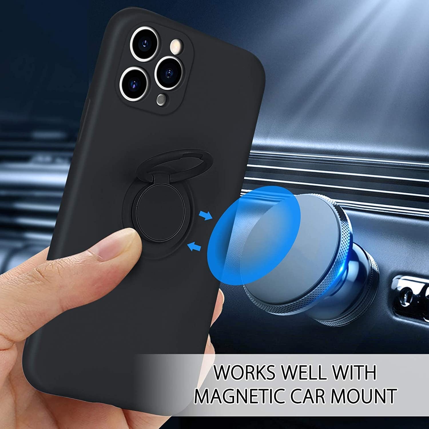 Husa protectie Flippy compatibila cu Apple iPhone 11 Pro Max Liquid Silicone Ring cu suport rotativ Negru-6