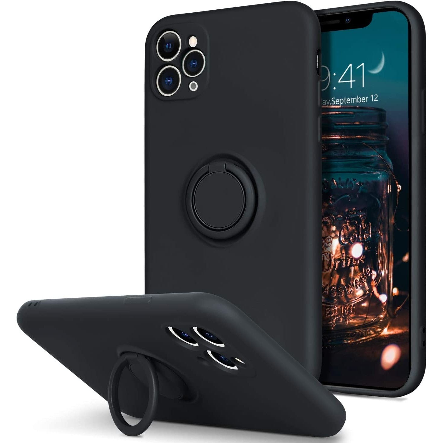 Husa protectie Flippy compatibila cu Apple iPhone 11 Pro Max Liquid Silicone Ring cu suport rotativ Negru-0