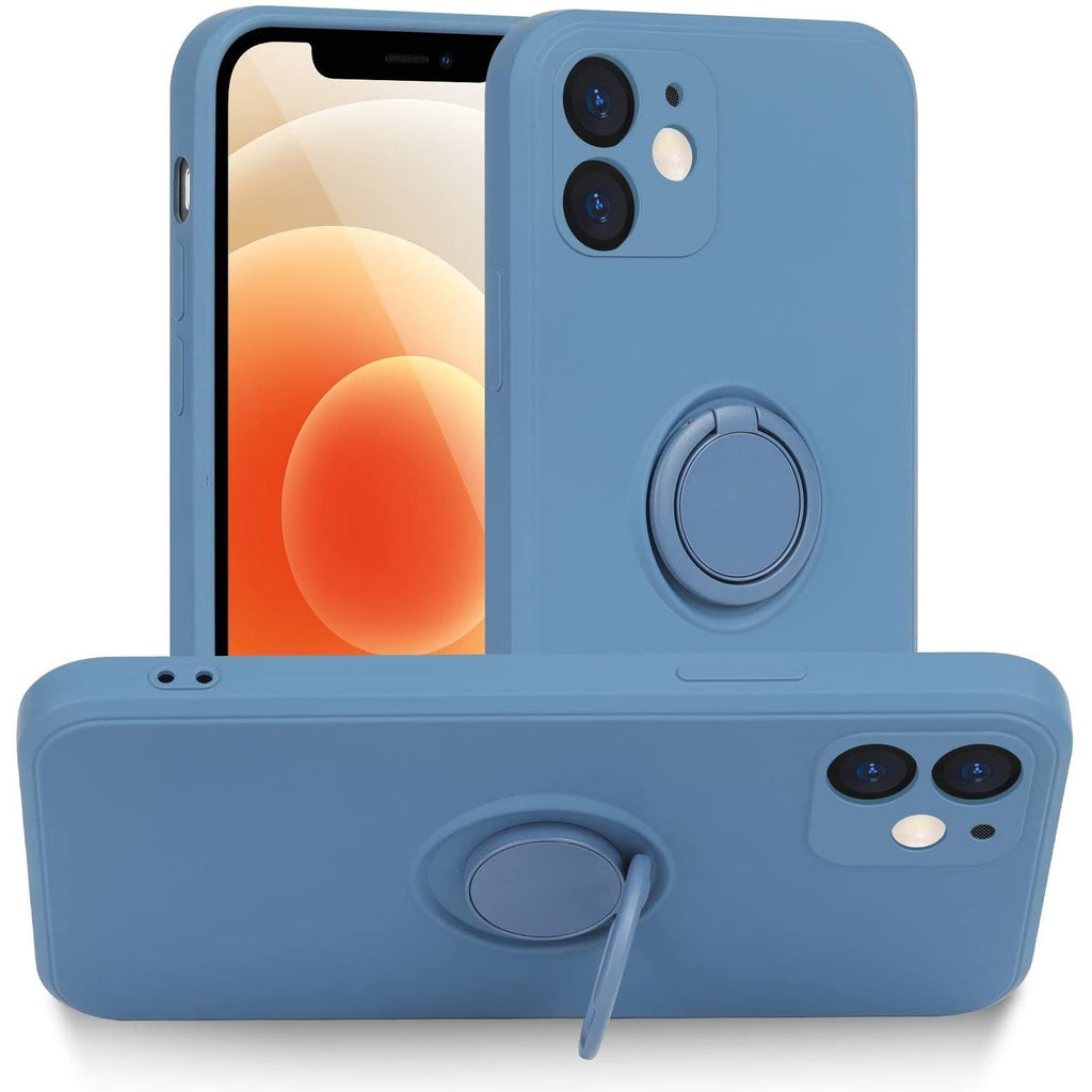 Husa protectie Flippy compatibila cu Apple iPhone 12 Liquid Silicone Ring cu suport rotativ Albastru deschis-0