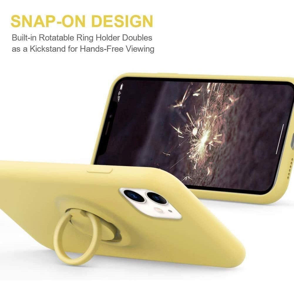 Husa protectie Flippy compatibila cu Apple iPhone 12 Liquid Silicone Ring cu suport rotativ Galben-1