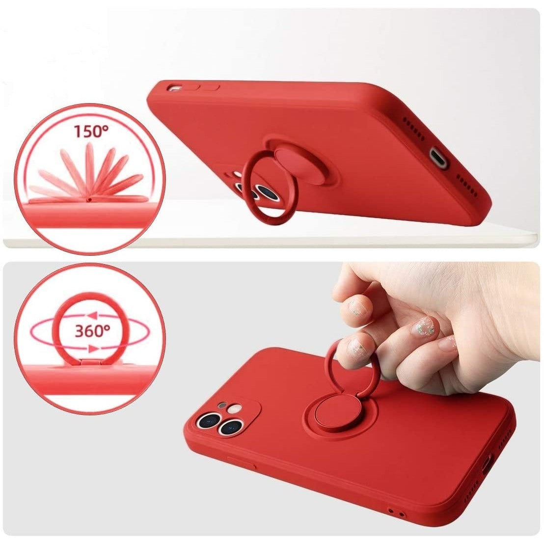 Husa protectie Flippy compatibila cu Apple iPhone 12 Liquid Silicone Ring cu suport rotativ Rosu-4