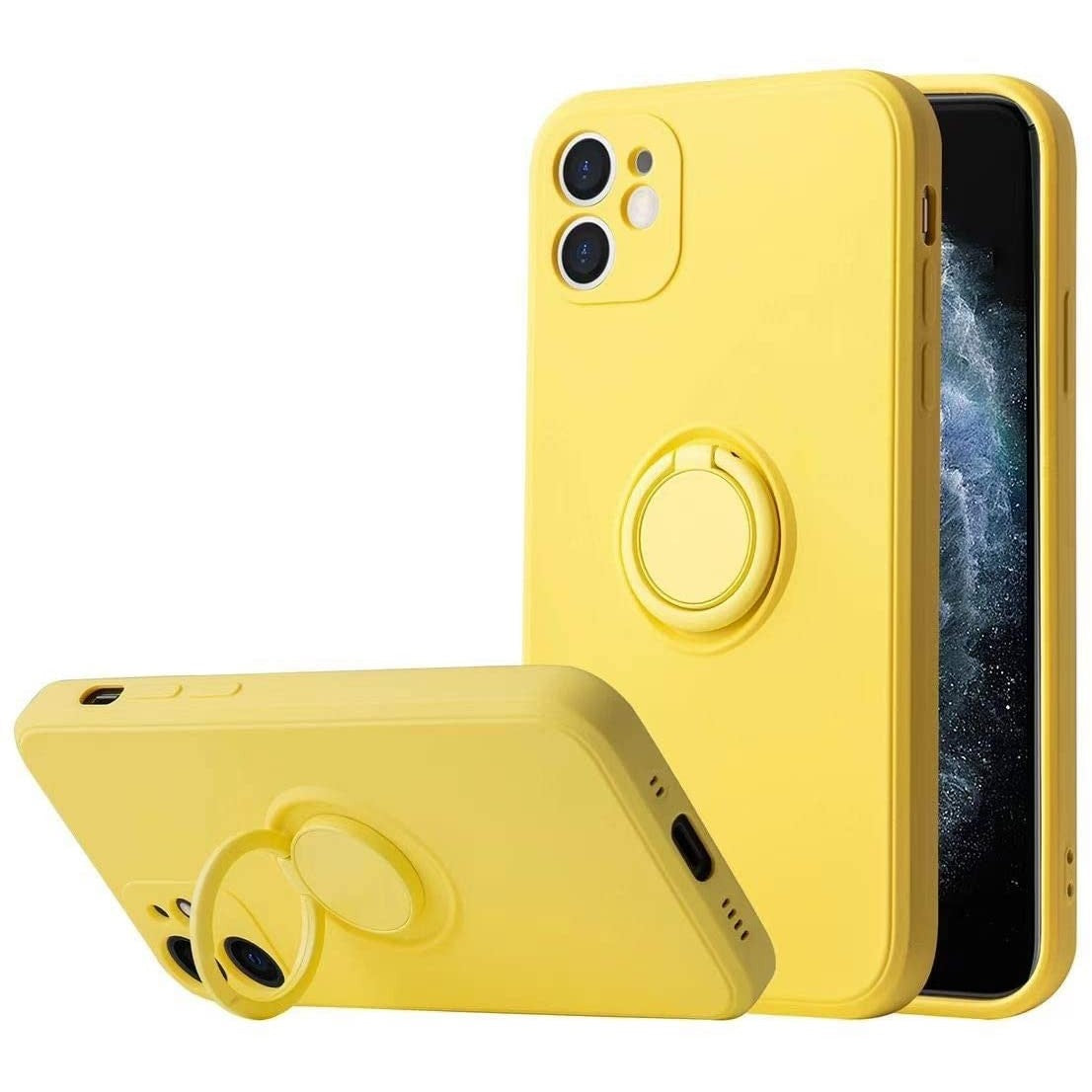Husa protectie Flippy compatibila cu Apple iPhone 12 Mini Liquid Silicone Ring cu suport rotativ Galben-3