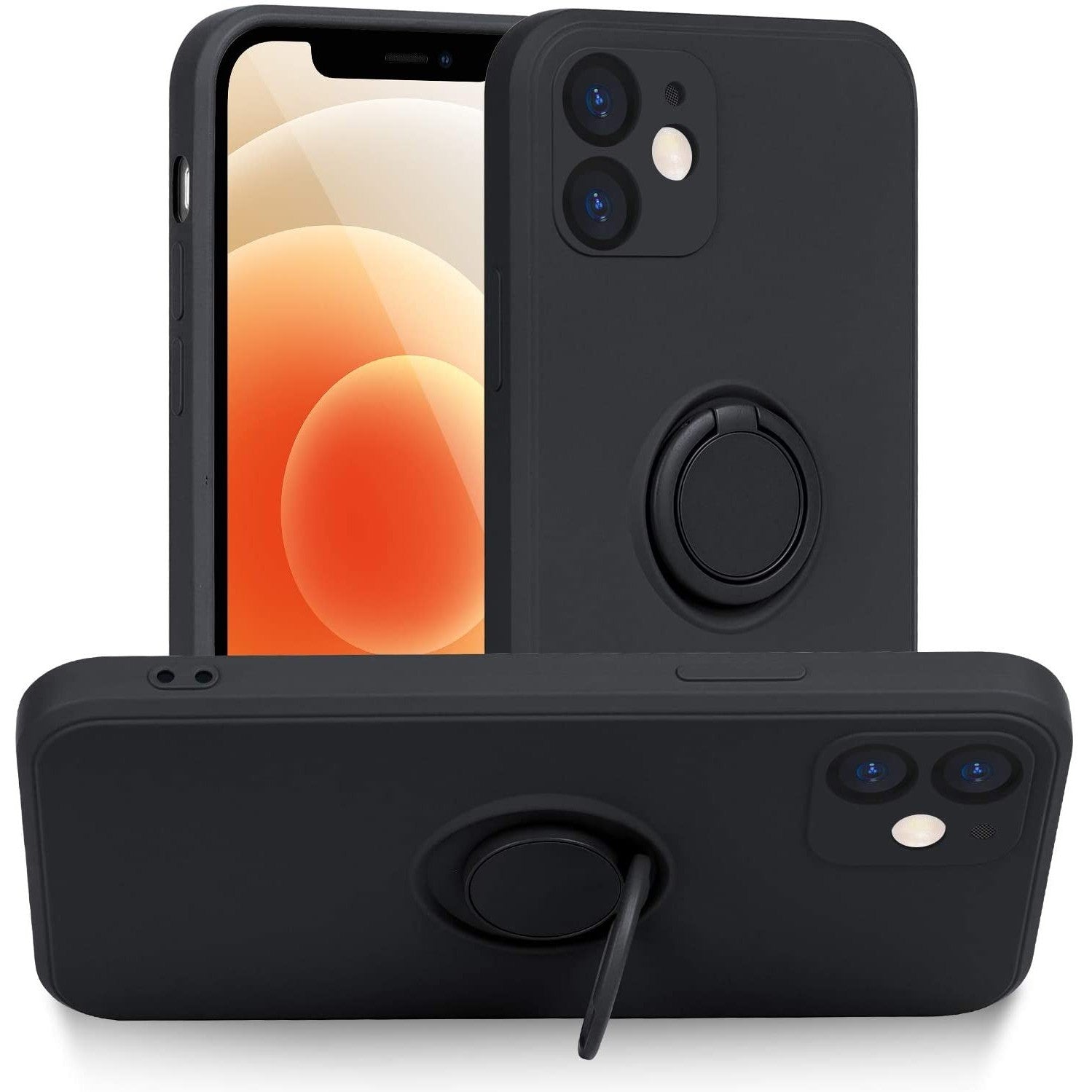 Husa protectie Flippy compatibila cu Apple iPhone 12 Mini Liquid Silicone Ring cu suport rotativ Negru-6