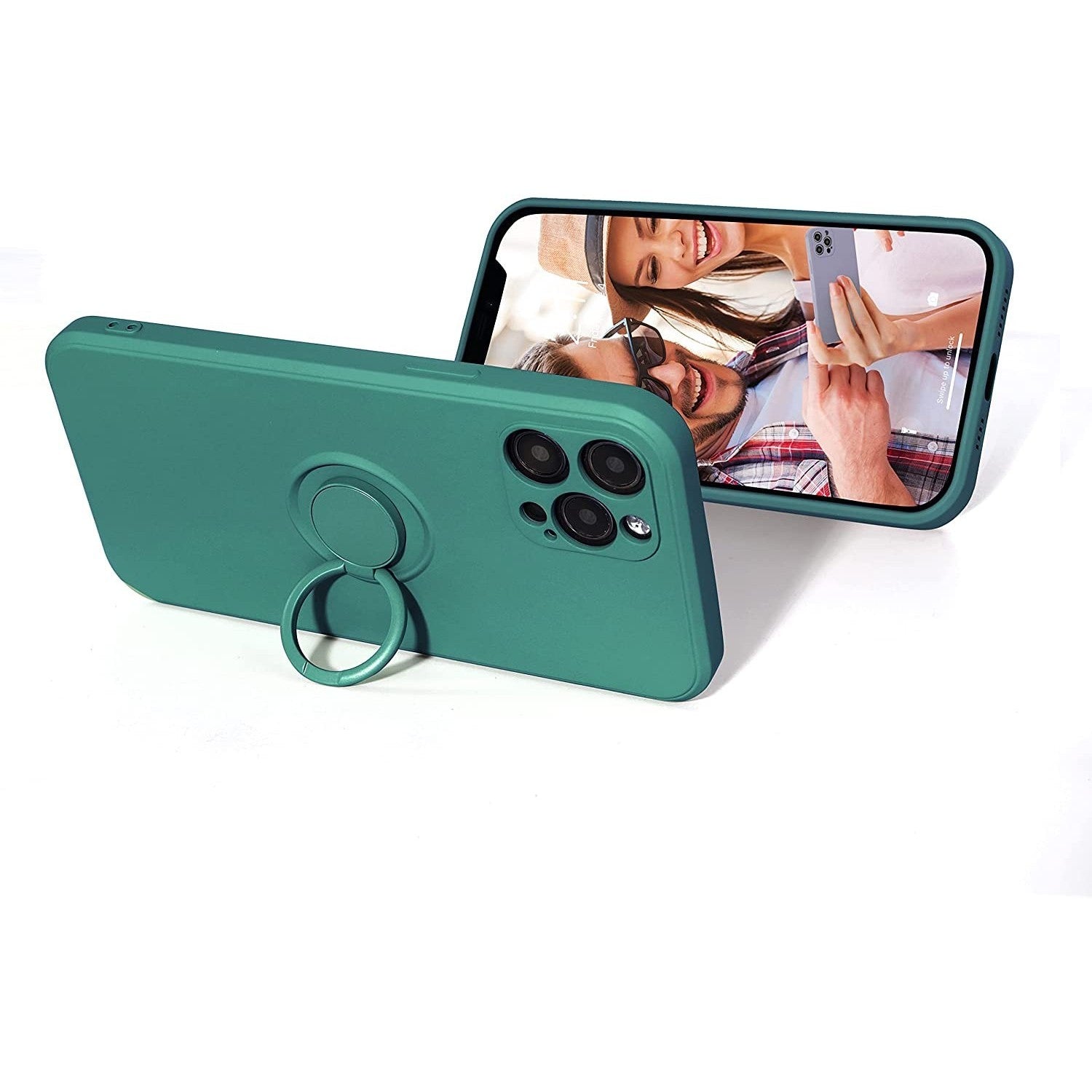 Husa protectie Flippy compatibila cu Apple iPhone 12 Mini Liquid Silicone Ring cu suport rotativ Verde-12