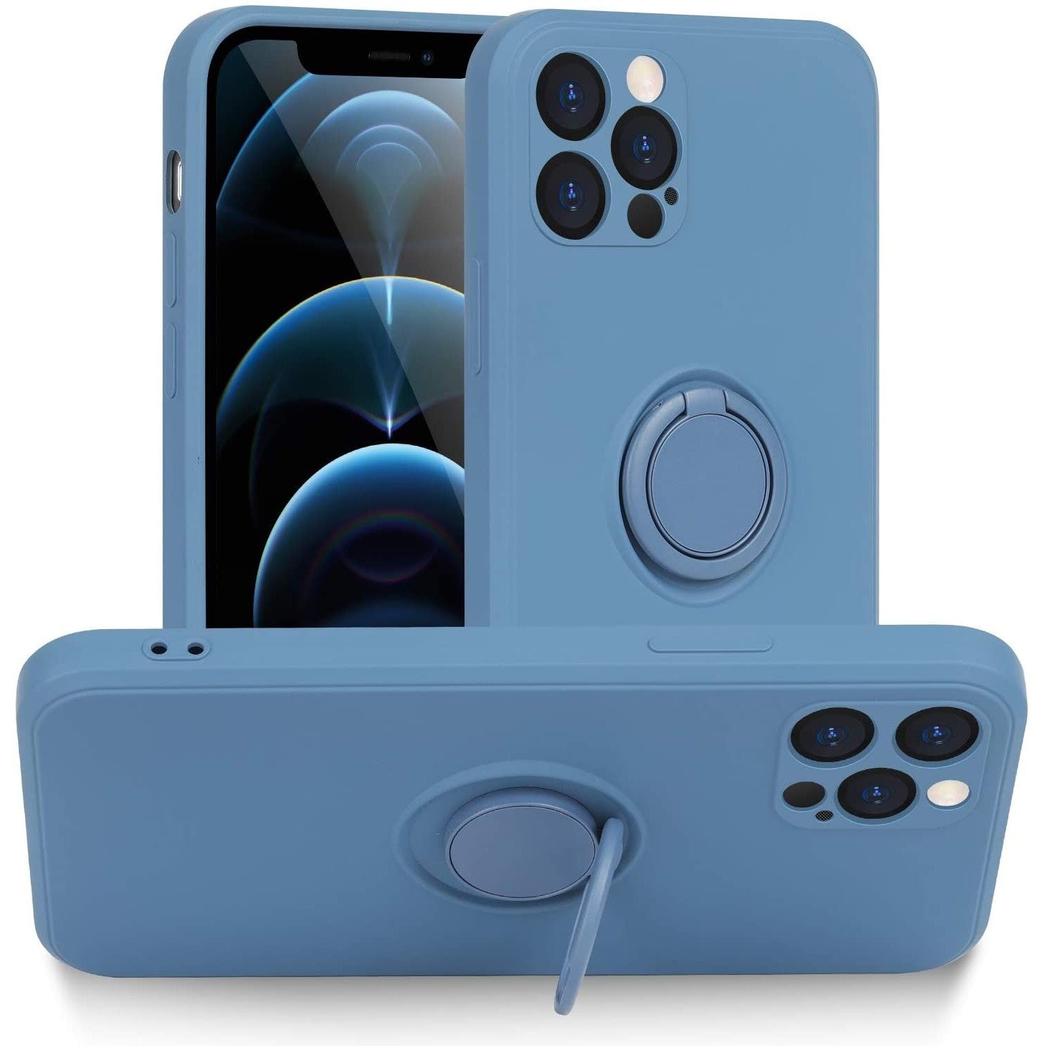 Husa protectie Flippy compatibila cu Apple iPhone 12 Pro Liquid Silicone Ring cu suport rotativ Albastru deschis-3