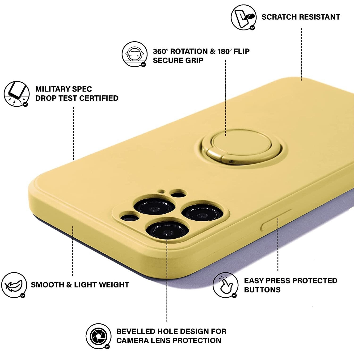 Husa protectie Flippy compatibila cu Apple iPhone 12 Pro Liquid Silicone Ring cu suport rotativ Galben-5
