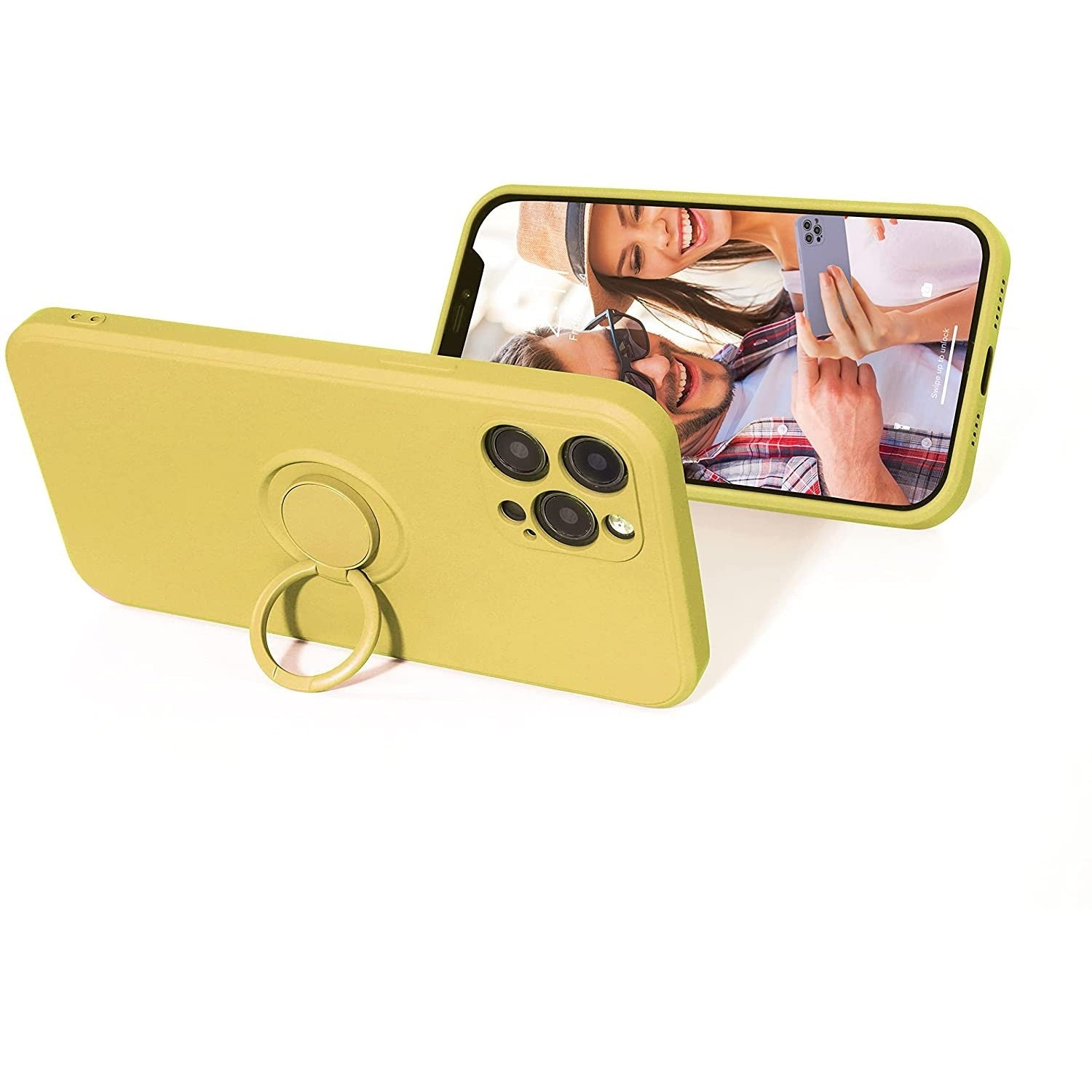 Husa protectie Flippy compatibila cu Apple iPhone 12 Pro Liquid Silicone Ring cu suport rotativ Galben-2