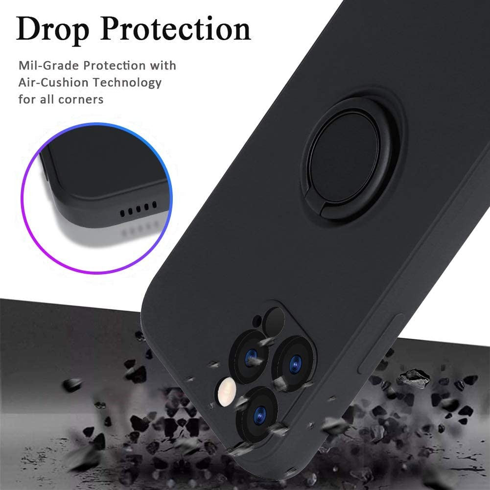 Husa protectie Flippy compatibila cu Apple iPhone 12 Pro Liquid Silicone Ring cu suport rotativ Negru-2