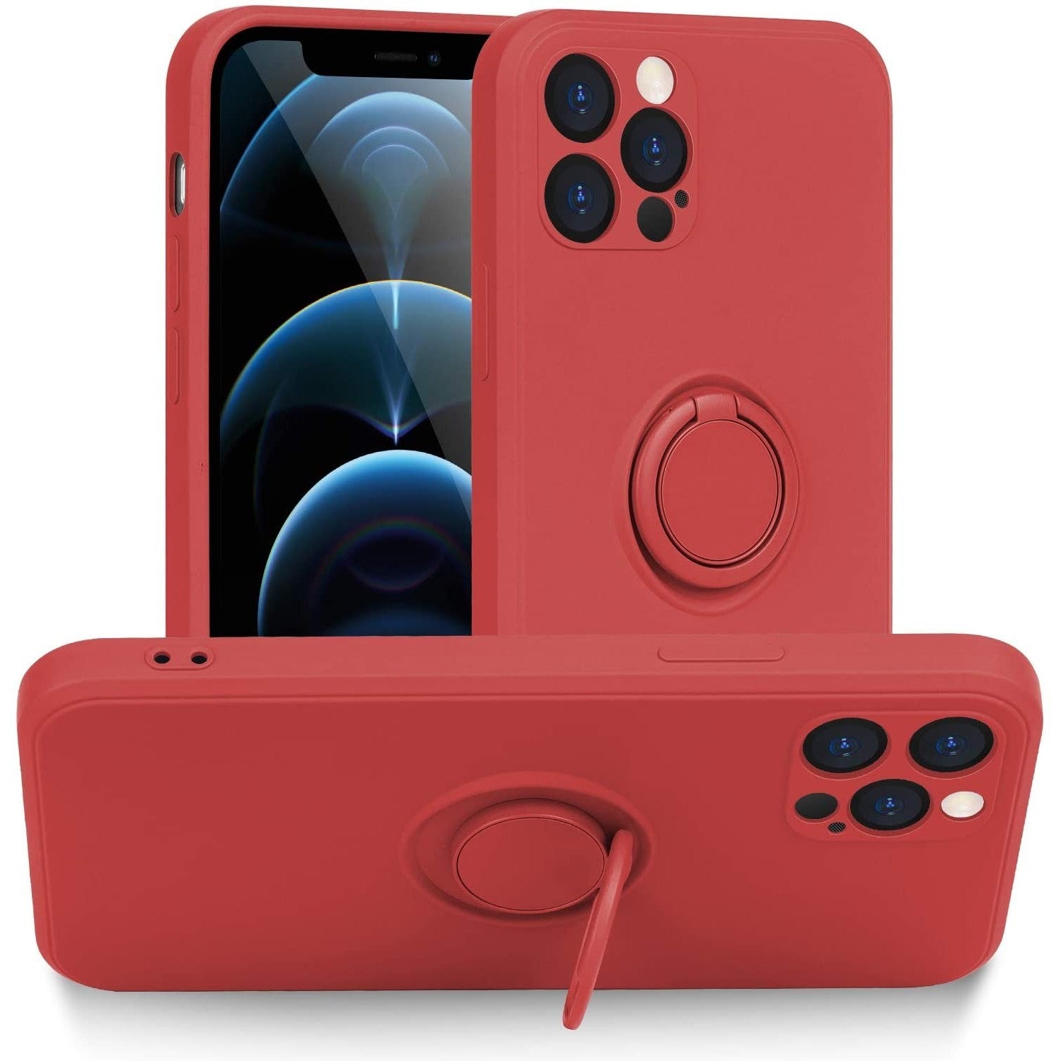 Husa protectie Flippy compatibila cu Apple iPhone 12 Pro Liquid Silicone Ring cu suport rotativ Rosu-0