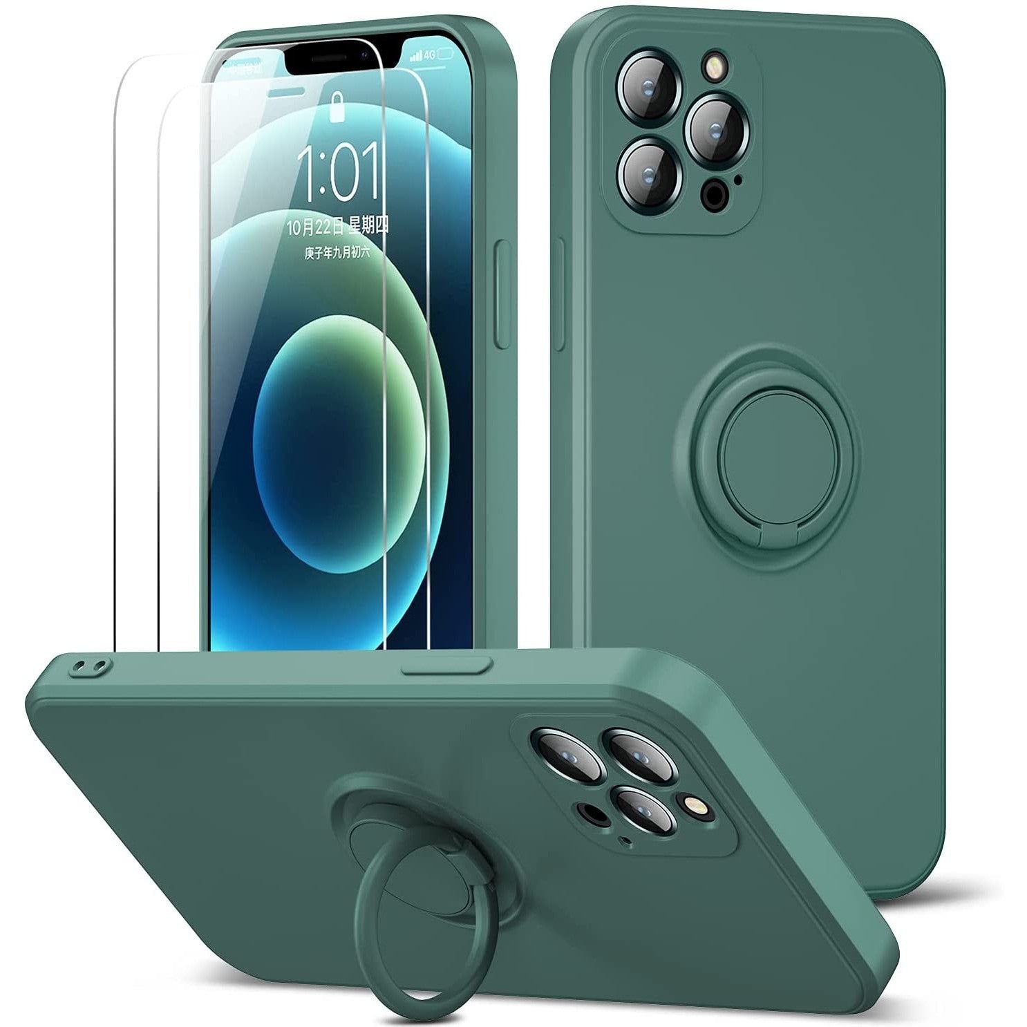 Husa protectie Flippy compatibila cu Apple iPhone 12 Pro Liquid Silicone Ring cu suport rotativ Verde-8