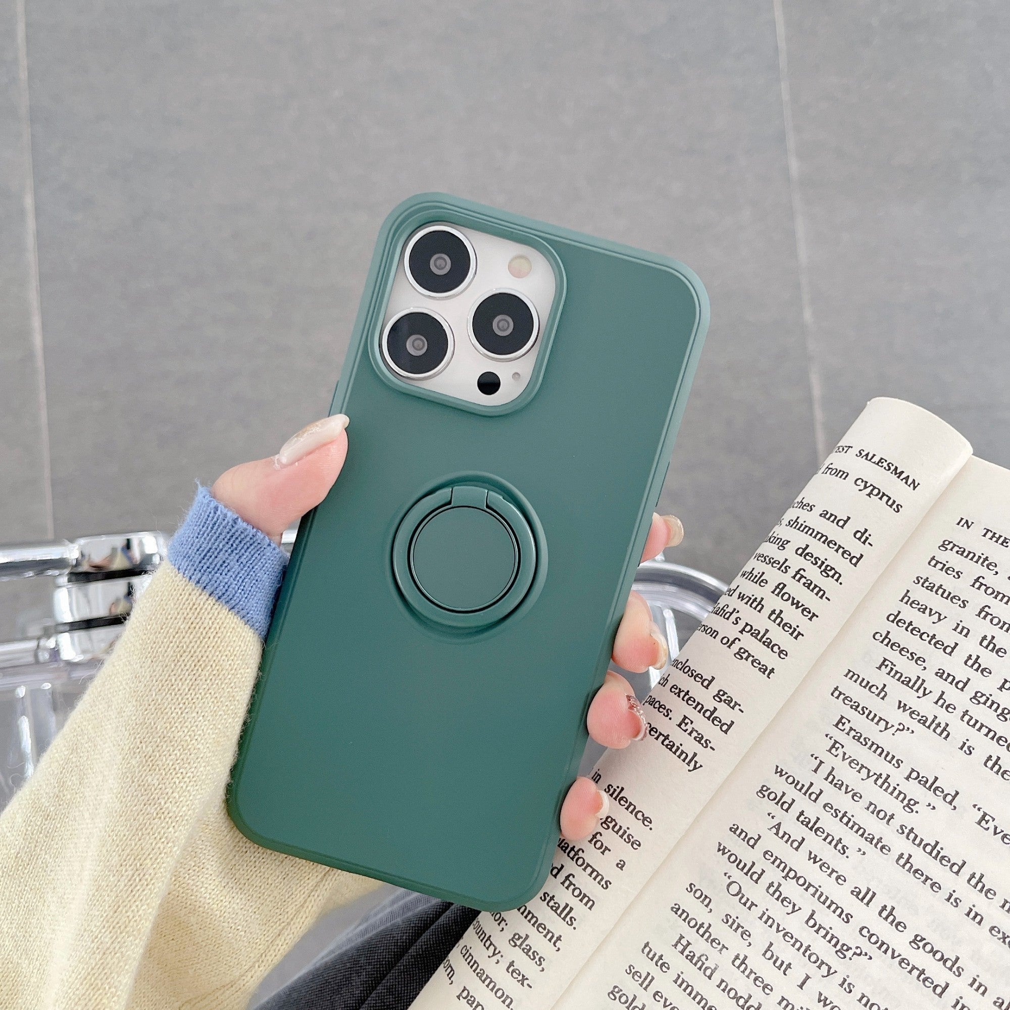 Husa protectie Flippy compatibila cu Apple iPhone 13 Liquid Silicone Ring cu suport rotativ Verde-1
