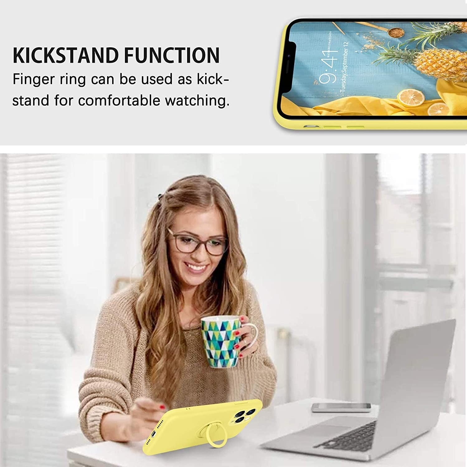 Husa protectie Flippy compatibila cu Apple iPhone 13 Mini Liquid Silicone Ring cu suport rotativ Galben-4