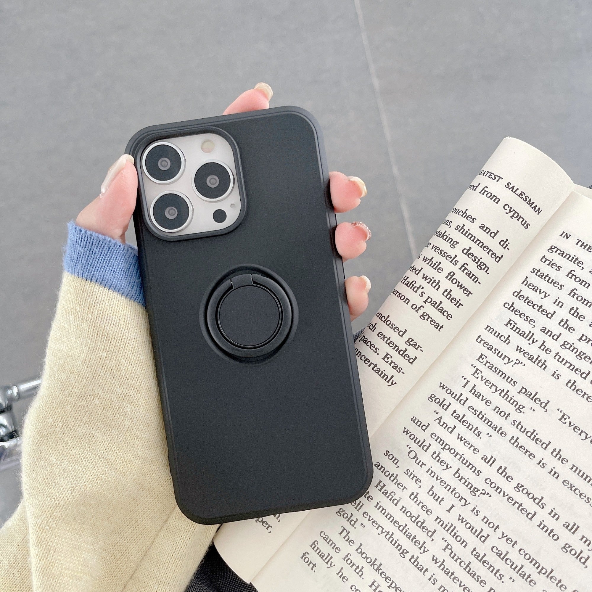 Husa protectie Flippy compatibila cu Apple iPhone 13 Mini Liquid Silicone Ring cu suport rotativ Negru-1