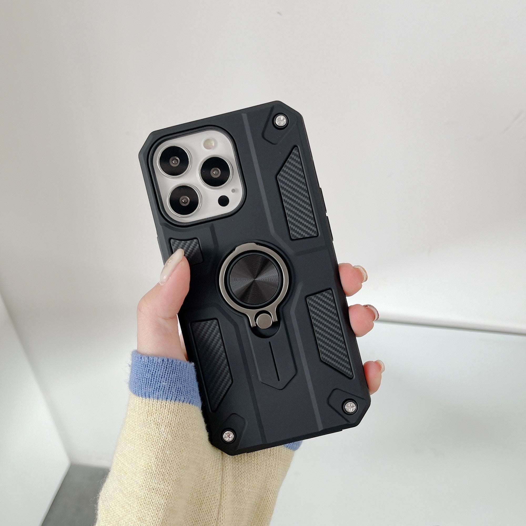 Husa protectie Flippy compatibila cu Apple iPhone 13 Pro Defender Model 5 cu suport prindere inel,Negru-1