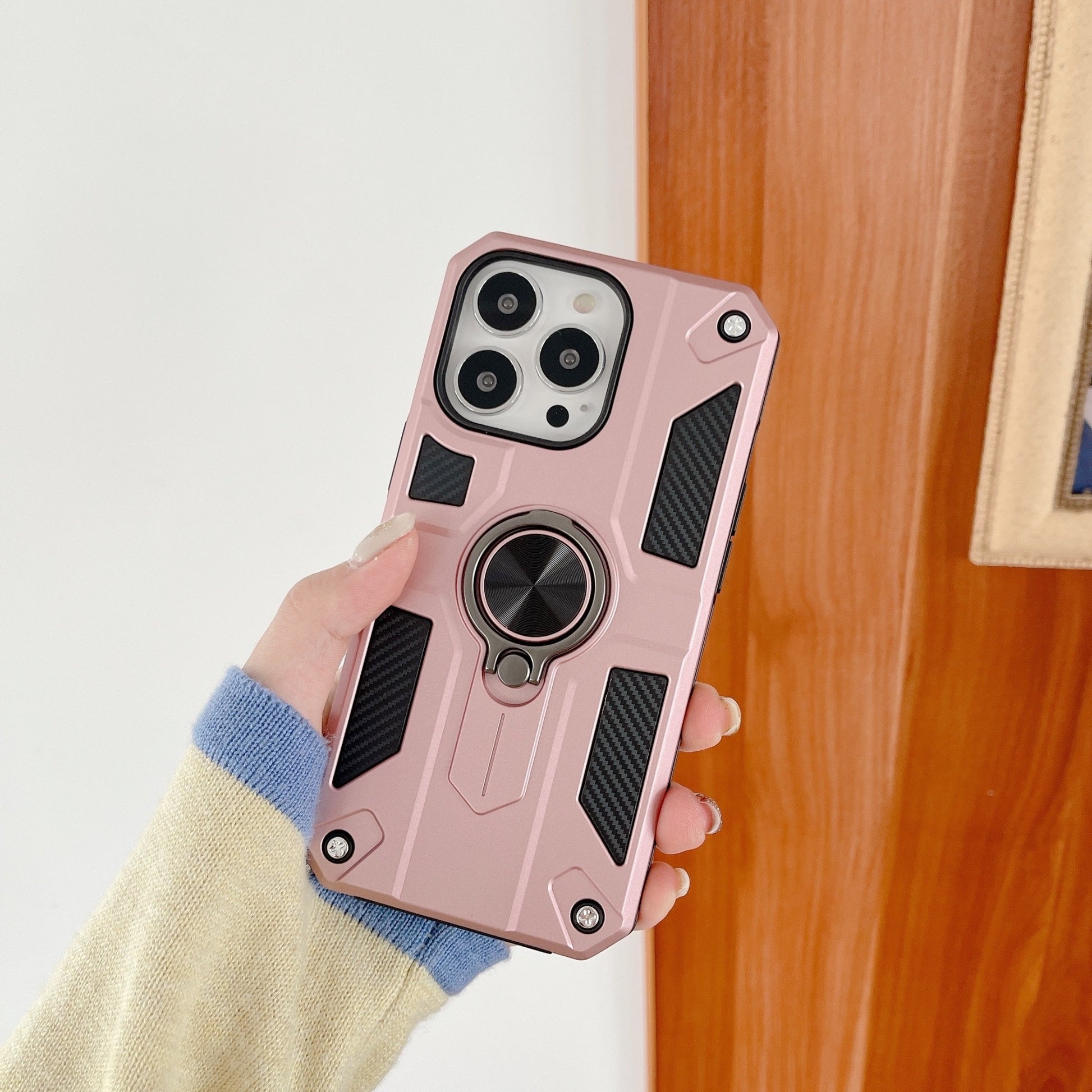 Husa protectie Flippy compatibila cu Apple iPhone 13 Pro Defender Model 5 cu suport prindere inel,Roz Auriu-1