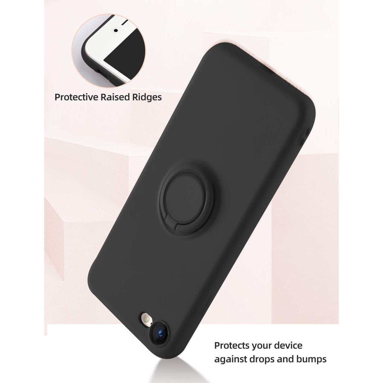 Husa protectie Flippy compatibila cu Apple iPhone 7/8/SE 2020 Liquid Silicone Ring cu suport rotativ Negru-1