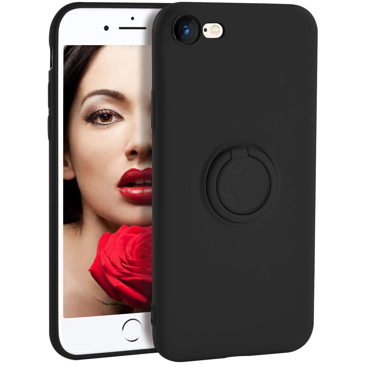Husa protectie Flippy compatibila cu Apple iPhone 7/8/SE 2020 Liquid Silicone Ring cu suport rotativ Negru-0