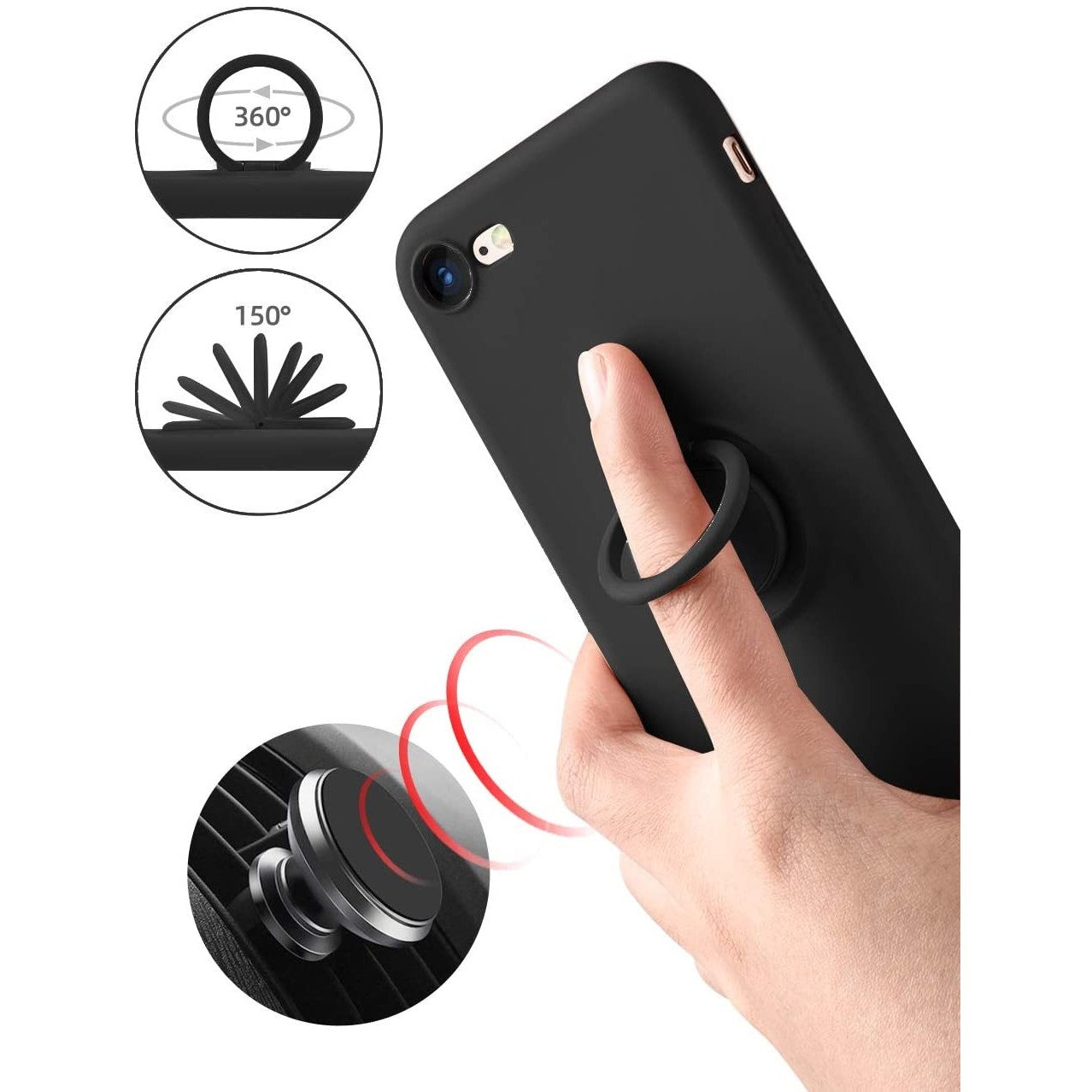 Husa protectie Flippy compatibila cu Apple iPhone 7/8/SE 2020 Liquid Silicone Ring cu suport rotativ Negru-3