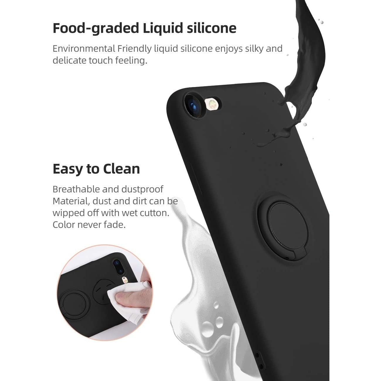 Husa protectie Flippy compatibila cu Apple iPhone 7/8/SE 2020 Liquid Silicone Ring cu suport rotativ Negru-4